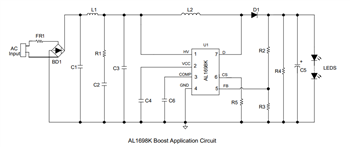 应用电路图 - Diodes Incorporated AL1698K高效可调光LED驱动器